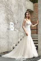 Cap Sleeves Lace Mermaid Wedding Dress White/Ivory Floral Garden Bridal Gown