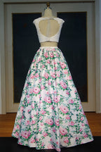Cap Sleeves Lace Top A-line Two-piece Printed Flowers Prom Dresses