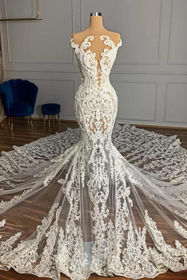 Luxury Mermaid Jewel Neck Tulle Long Beading Wedding Dress with Appliques Lace
