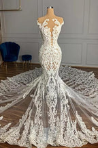 Luxury Mermaid Jewel Neck Tulle Long Beading Wedding Dress with Appliques Lace