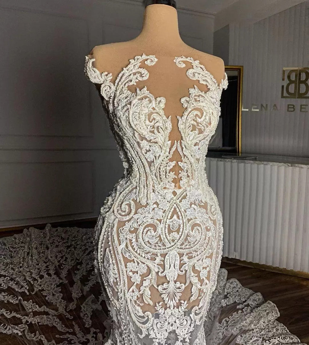 Luxury Mermaid Jewel Neck Tulle Long Beading Wedding Dress with Appliques Lace