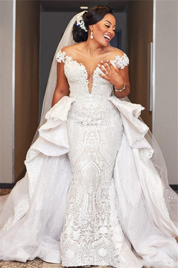 Cap Sleeves Mermaid Long Wedding Dress with Ruffles Overskirt
