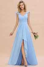 Cap Sleeves Ruffle Chiffon Hi-Lo Bridesmaid Dress A-line Wedding Party Dress