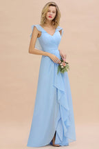 Cap Sleeves Ruffle Chiffon Hi-Lo Bridesmaid Dress A-line Wedding Party Dress
