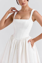 Wide Straps Corset Solid Color Gowns Maxi Dresses-White