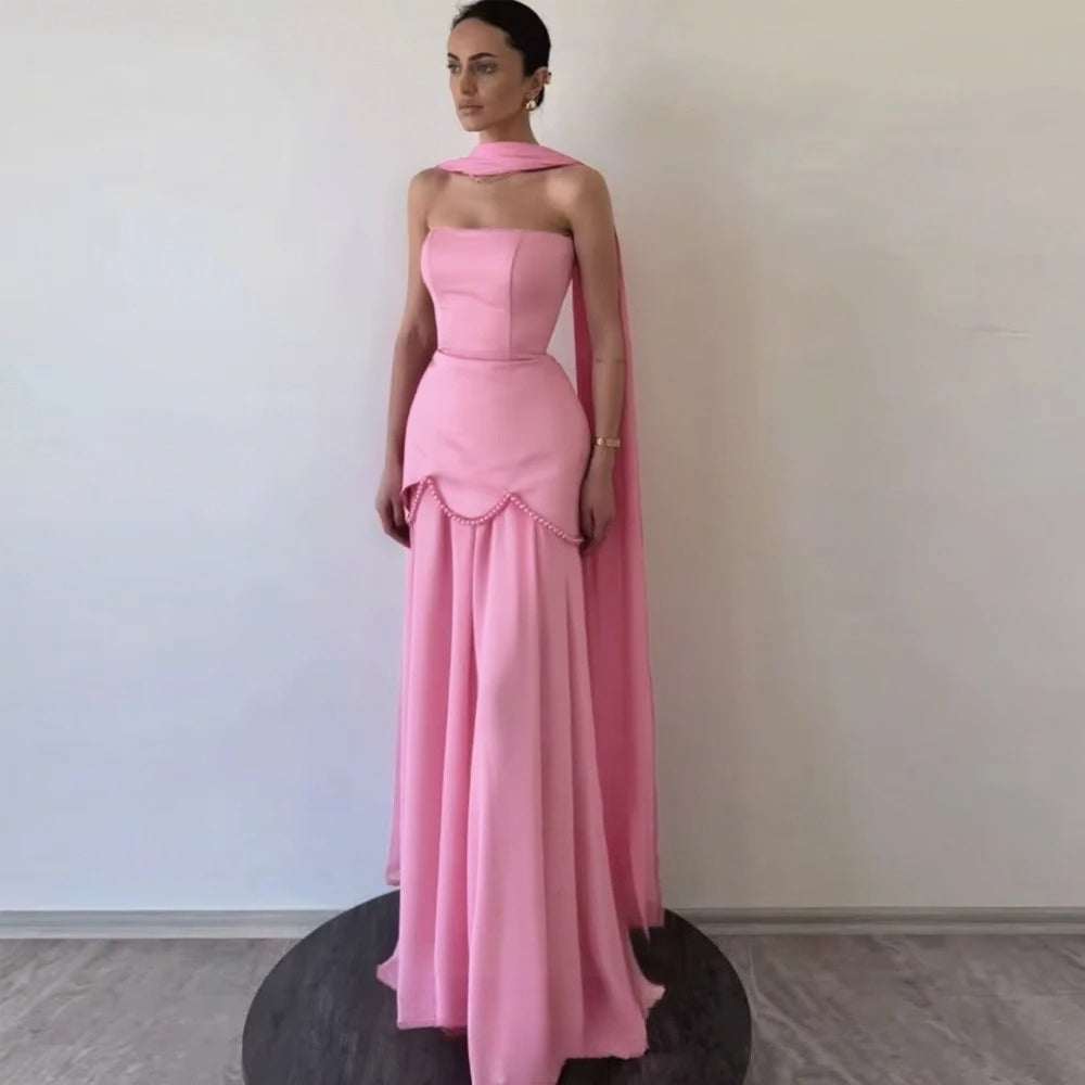 Red Elegant Women Evening Dresses Strapless Pearls Luxury Women Party Gown Customized Formal Occasion Gown for Lady