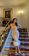 Elegant Shimmer Sequins Evening Gown With Feathers Sheath Prom Dress Y7700