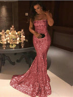 Elegant Long Strapless Sequins Mermaid Evening Prom Dress