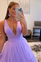 A-line Off The Shoulder V-Neck Prom Dress with Ethereal Tulle Layers