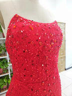 Alcyone | Mermaid Scoop Neck Red Sequins Prom Dresses with Slit F1065