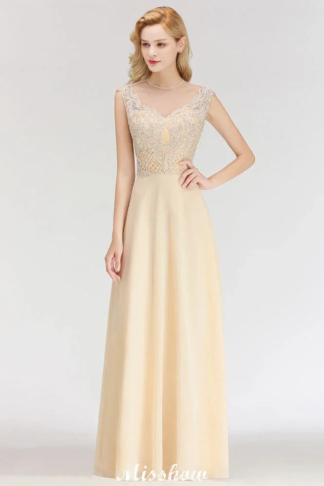 Champagne Sleeveless A-Line Crystal Jewel Bridesmaid Dresses Floor Length Party Dress
