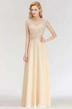 Champagne Sleeveless A-Line Crystal Jewel Bridesmaid Dresses Floor Length Party Dress