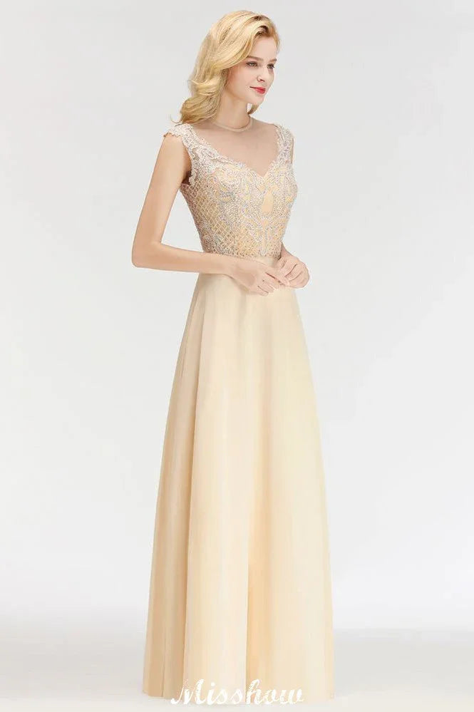 Champagne Sleeveless A-Line Crystal Jewel Bridesmaid Dresses Floor Length Party Dress