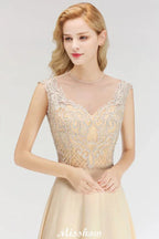 Champagne Sleeveless A-Line Crystal Jewel Bridesmaid Dresses Floor Length Party Dress