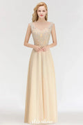 Champagne Sleeveless A-Line Crystal Jewel Bridesmaid Dresses Floor Length Party Dress