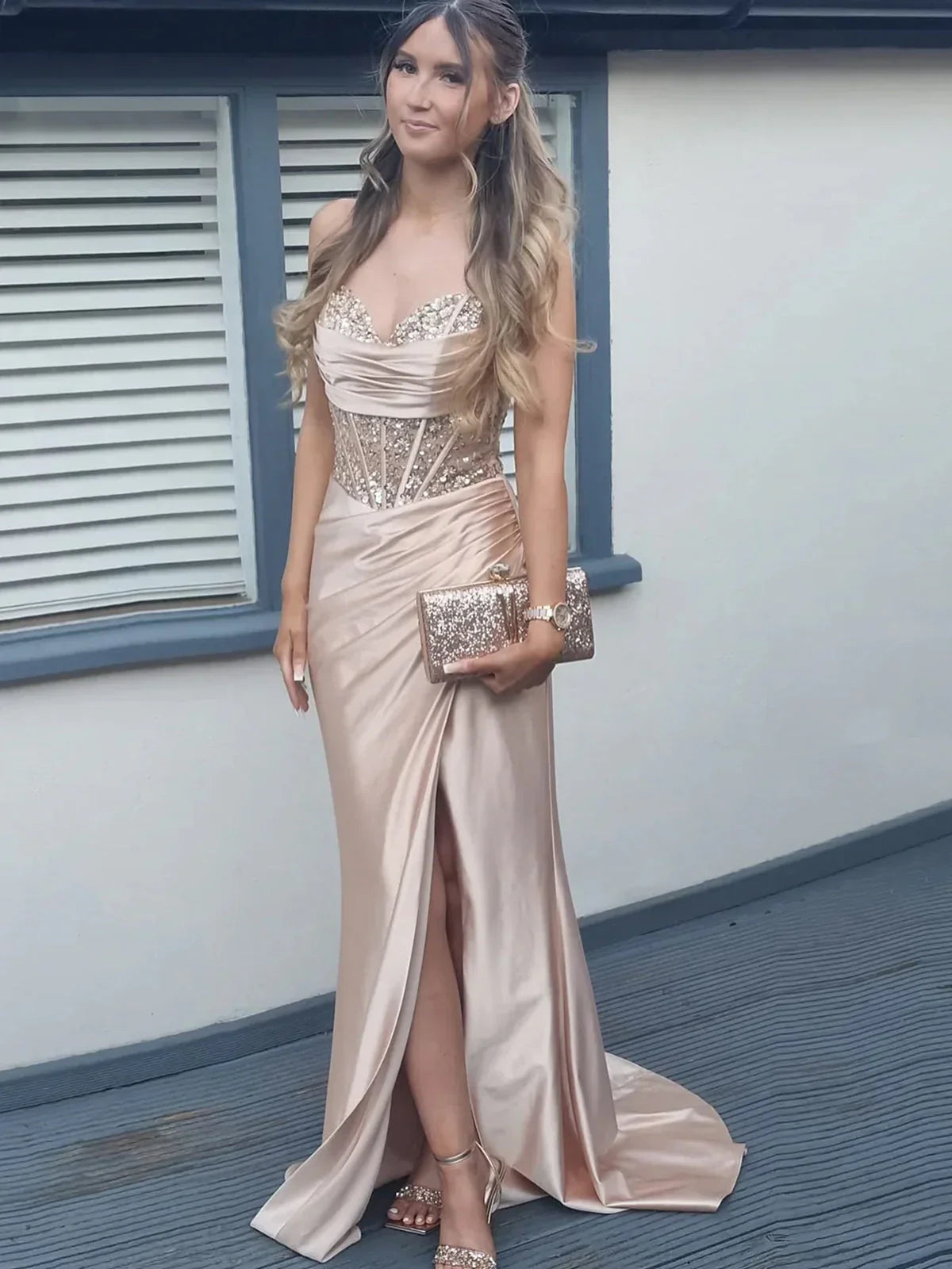Mermaid Pink Off Shoulder Sheer Corset Rhinestone Long Prom Dress with Slit