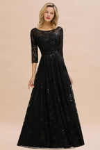 Charming Black Half Sleeves Tulle Sequins Evening Dress 20s Aline Prom Dress