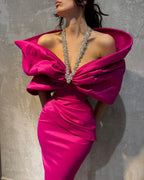 Charming Column Satin Halter Half Sleeve Pink Prom Dresses With Bow-Knot