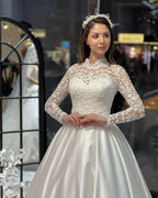 Charming Floor Length Crew Long Sleeves A-Line Satin Wedding Dress with Ruffles