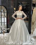 Charming Floor Length Crew Long Sleeves A-Line Satin Wedding Dress with Ruffles