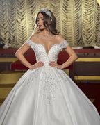 Charming Floor Length Off-The-Shoulder A Line Satin Wedding Dress with Ruffles