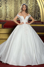 Charming Floor Length Off-The-Shoulder A Line Satin Wedding Dress with Ruffles