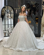 Charming Floor Length Off-The-Shoulder A-Line Sequined Wedding Dress with Court Train