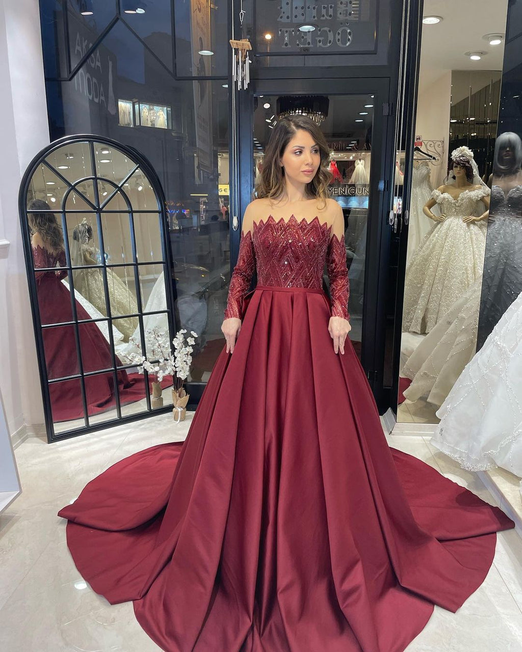 Charming Floor Length Strapless Long Sleeves A-Line Satin Wedding Dress with Ruffles
