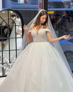 Charming Floor Length Sweetheart Off-The-Shoulder A-Line Lace Wedding Dress with Sequins