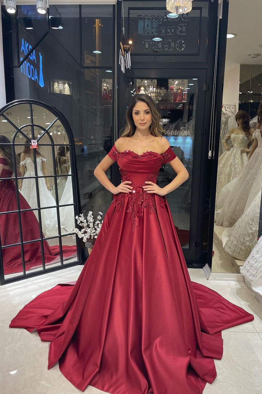 Charming Floor Length Sweetheart Off-The-Shoulder A-Line Satin Wedding Dress with Appliques
