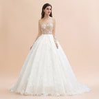 Charming Floral Lace Appliques Wedding Dress Gorgeous White Beads Bridal Gown