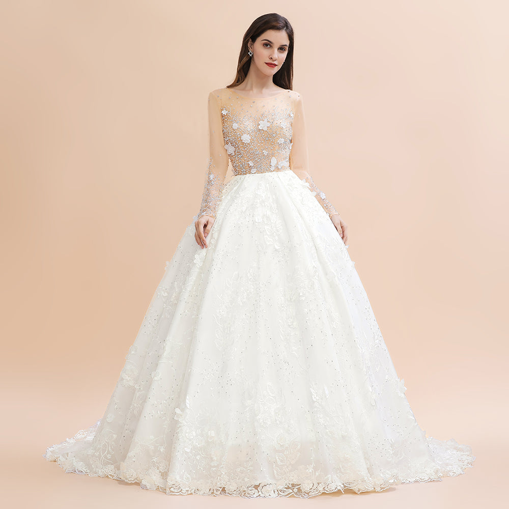 Charming Floral Lace Appliques Wedding Dress Gorgeous White Beads Bridal Gown