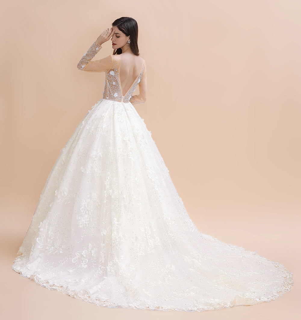 Charming Floral Lace Appliques Wedding Dress Gorgeous White Beads Bridal Gown