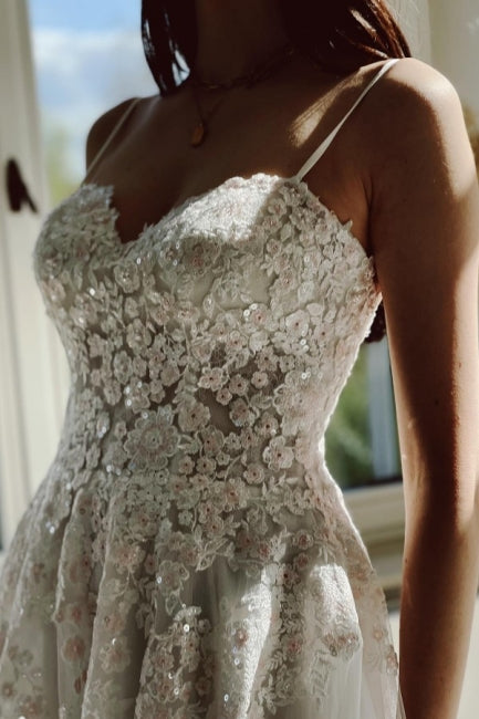 Charming Garden Spaghetti Straps A-Line Lace Wedding Dress