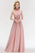 Charming Halter Sleeveless Ruffled Chiffon Bridesmaid Dresses Aline Evening Maxi Gown