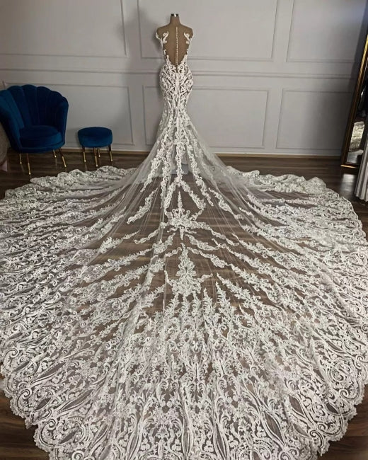 Charming Jewel Garden Sleeveless Mermaid Tulle Wedding Dress with Appliques
