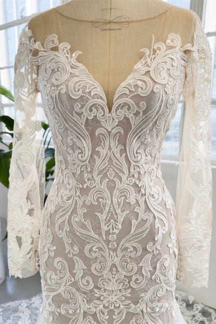 Charming Jewel Long Sleeves Chapel Mermaid Wedding Dress