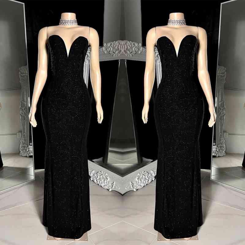 Charming Long Black V-neck Sleeveless Mermaid Prom Dress WIth Beading