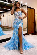Charming Long Mermaid Spaghetti Straps Lace Sleeveless Prom Dress With Slit