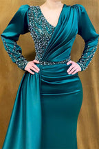 Charming Long Satin V-neck Mermaid Prom Dress With Beading