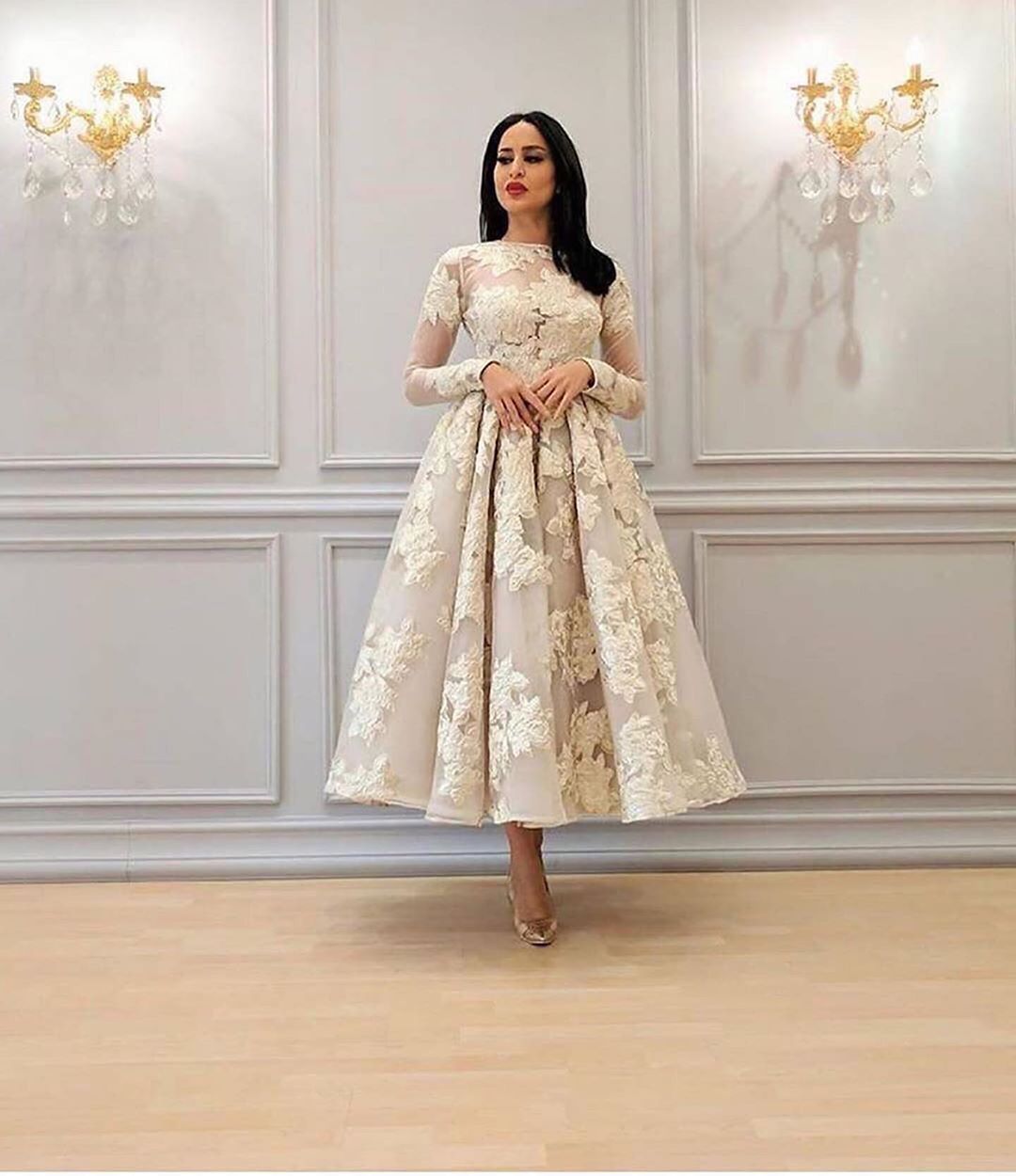 Charming Long Sleeves Floral A-line Evening Dress Ankle Length Party Dress