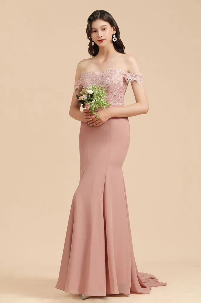 Charming Off the Shoulder Lace Mermaid Party Gown Slim Bridesmaid Dress