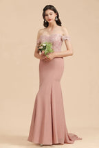 Charming Off the Shoulder Lace Mermaid Party Gown Slim Bridesmaid Dress