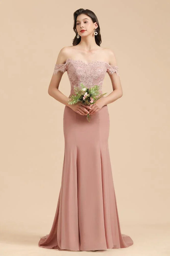 Charming Off the Shoulder Lace Mermaid Party Gown Slim Bridesmaid Dress