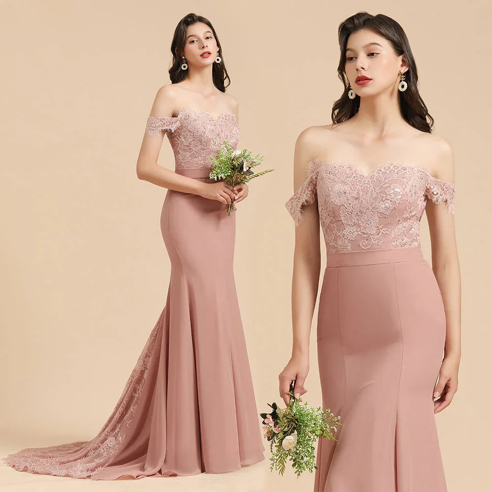 Charming Off the Shoulder Lace Mermaid Party Gown Slim Bridesmaid Dress
