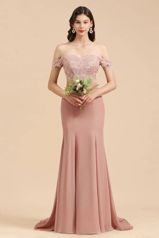 Charming Off the Shoulder Lace Mermaid Party Gown Slim Bridesmaid Dress