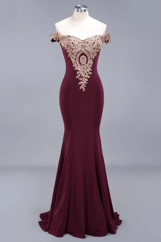 Charming Off-The-Shoulder Mermaid Gold Appliques Prom Dress Slim Floor-Length Evening Gown
