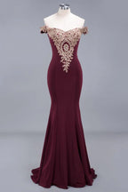 Charming Off-The-Shoulder Mermaid Gold Appliques Prom Dress Slim Floor-Length Evening Gown