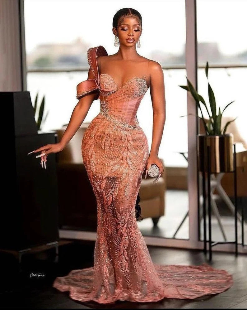 Charming One Shoulder Mermaid Prom Dress Glitter Sequins Pearl Sweetheart Evening Dress