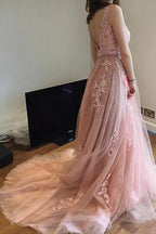 Charming Pink Lace Tulle  Open Back  Little Train Wedding Dresses